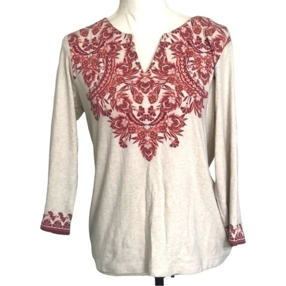 Karen Scott Front Floral Print With Glitters long Sleeve Blouse Size M